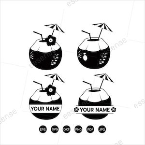 Bebida de coco SVG,Vector de vacaciones,Clipart tropical, Cricut tropical,Archivo de corte de coco, Silueta de bebida,Coco dividido,Monogram Coconut svg