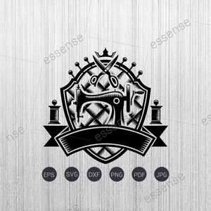 May include: A monochrome sewing-themed logo featuring a sewing machine, scissors, and a crown, set within a shield. Includes spools of thread and a banner. File formats: EPS, SVG, DXF, PNG, PDF, and JPG.