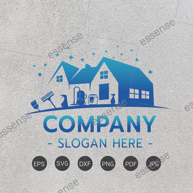 Pu&ograve; includere: Un logo blu e bianco per un'azienda di pulizie. Il logo presenta due case, un aspirapolvere, una scopa, uno spruzzino e un paio di guanti da pulizia. Il testo "COMPANY - SLOGAN HERE -" &egrave; sotto l'immagine. Il logo &egrave; circondato da uno sfondo bianco.