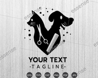 May include: Black and white silhouette of a dog and cat forming a heart shape with grooming tools, scissors and a comb, inside the heart. The text "YOUR TEXT -TAGLINE- " is below the heart. The text "EPS SVG DXF PNG PDF JPG" is below the tagline.