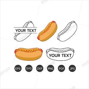 May include: Four different designs of a hot dog with mustard and a text box that says "YOUR TEXT". The designs are in black and white and color.
