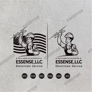 May include: Black and white logo design for an electrician service called "ESSENSE, LLC". The logo features a cartoon electrician holding a lightning bolt and standing in front of an American flag. The text "Electricain Service" is below the logo.