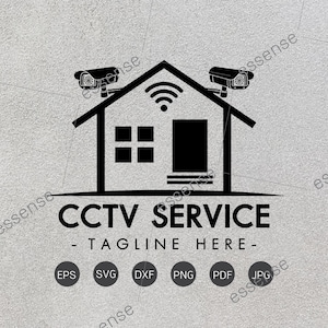 May include: Black and white logo design for a CCTV service. The logo features a house with a wifi symbol, two security cameras, and the text "CCTV SERVICE - TAGLINE HERE -" below. The logo is surrounded by a grey background.