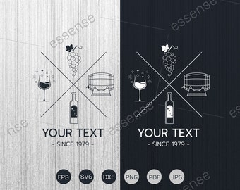 May include: Black and white graphic design featuring a wine bottle, wine glass, grapes, and a barrel. The text "YOUR TEXT - SINCE 1979 -" is below the design. The design is on a white background with a wood grain texture.