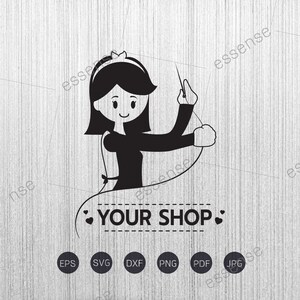 Puede incluir: Ilustración en blanco y negro de una mujer cosiendo con una aguja e hilo. El texto "YOUR SHOP" está debajo de la mujer.