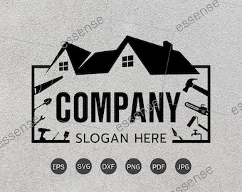 May include: Black and white logo design for a company that specializes in home renovations. The logo features a silhouette of a house with tools surrounding it. The text "COMPANY" and "SLOGAN HERE" are also included in the logo.