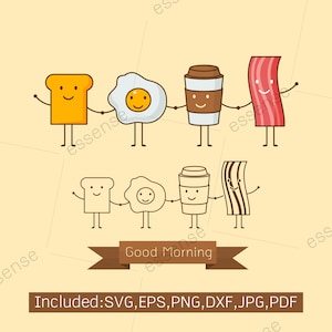 Beste Freunde. Frühstück. Guten Morgen. Set süßes Bild Cartoon Ikone eines Kaffees, Eier, Schinken und Toast