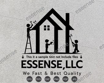 May include: Black and white logo design for a home improvement company called "ESSENSE, LLC". The logo features a house with two stick figures working on it. The text "We Fast & Best Quality" is below the logo. The logo also includes the file types available for download: EPS, SVG, DXF, PNG, PDF, and JPG.