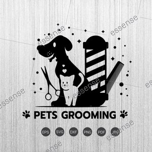 Pet Grooming Shop Trimmer Trimmer Dier Barber Kam Salon Hond Kat Kapsel Kapsel Puppy Canine Wash Logo svg Bestanden voor Cricut Silhouette