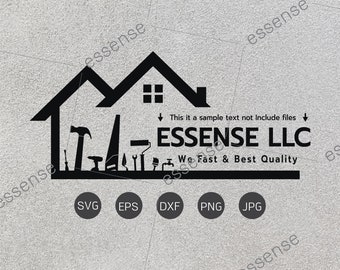 May include: Black and white logo design for a home improvement company called "ESSENSE LLC". The logo features a house with tools inside and the text "We Fast & Best Quality".