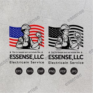 May include: A black and white logo for an electrician service called "ESSENSE, LLC". The logo features a cartoon electrician holding a light bulb and standing in front of an American flag. The text "Electricain Service" is below the logo. The logo is available in EPS, SVG, DXF, PNG, PDF, and JPG formats.