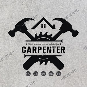 Op de afbeelding: Zwart-wit logo ontwerp voor een timmerman. Het logo toont een huis, een zaag en twee hamers die elkaar kruisen. Het woord "CARPENTER" staat in vetgedrukte letters onder het ontwerp.