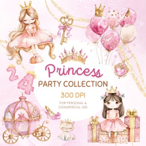 36 Pink Princess Royal Party Clipart Bundle - Princesas de acuarela, animales lindos y decoraciones de cumpleaños / uso comercial, descarga instantánea