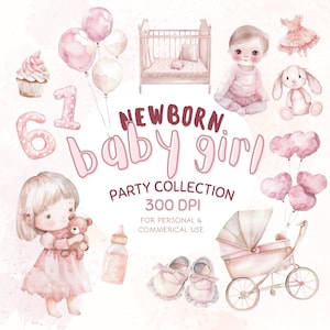 33 Pink Newborn Girl Baby Shower Party Clipart Bundle - Watercolor Little Girls, Adorable Decorations, and Cute Characters
