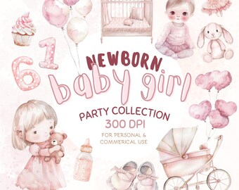 33 Pink Newborn Girl Baby Shower Party Clipart Bundle - Watercolor Little Girls, Adorable Decorations, and Cute Characters