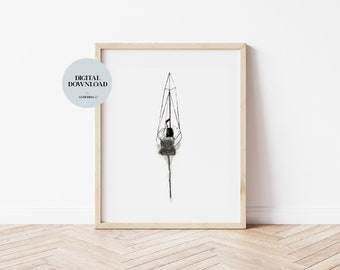 May include: A black and white line drawing of a sailboat with a red flag on the top of the mast. The sailboat is framed in a light wood frame.