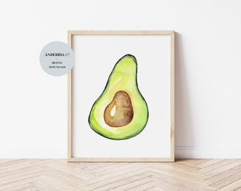 Aquarell Avocado, Avocado Poster, Vegan Kunstdruck, Food Illustration, Küchenkunst, Digital Download,Bauernhaus Dekoration