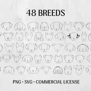 Dog Face SVG Bundle with 48 Breeds; Dog Head Outline SVG, Hand-Drawn Dog Face SVG Bundle; 48 Dog Outline SVGs