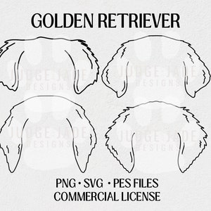 Set van 4 Golden Retriever Dog Ear Outline SVG, PNG, PES-bestanden voor Cricut en Silhouette, Brother Borduurmachines, Commerciële Licentie