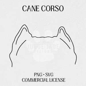 May include: Line art illustration of a Cane Corso dog's head, featuring only the ears and top of the head. The image is in black and white and has the text "CANE CORSO" at the top.