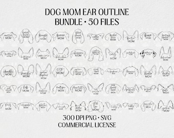 Hond moeder SVG, hond oor omtrek tekenen PNG bundel met 50 rassen, hond Mama SVG bundel, commerciële licentie