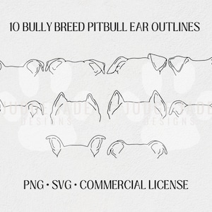 May include: A digital download of 10 line art outlines of pitbull ears. The outlines are in black and white and are perfect for creating custom designs for t-shirts, mugs, stickers, and more. The text "10 BULLY BREED PITBULL EAR OUTLINES" is at the top of the image. The text "PNG - SVG - COMMERCIAL LICENSE" is at the bottom of the image.