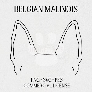 Può includere: Illustrazione di arte di linea delle orecchie di un cane pastore belga malinois. L'immagine è in bianco e nero e presenta il testo "BELGIAN MALINOIS" nella parte superiore e "PNG - SVG - PES COMMERCIAL LICENSE" nella parte inferiore.
