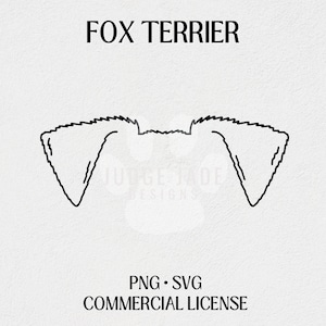 May include: Line art illustration of a Fox Terrier's ears. The image is black and white and has the text "FOX TERRIER" at the top.