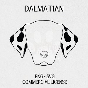 Könnte beinhalten: Schwarz-weiße Linienzeichnung eines Dalmatiner-Kopfes mit Flecken. Der Text "DALMATIAN" befindet sich über dem Bild und "PNG - SVG COMMERCIAL LICENSE" darunter.