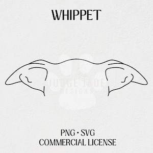 May include: Line art illustration of a Whippet dog's head with large ears. The image is in black and white and has the text "WHIPPET" at the top.