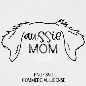 May include: Black and white line art illustration of an Australian Shepherd dog's head with the text "Aussie Mom" underneath.