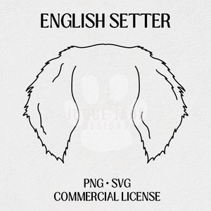 May include: Line art illustration of an English Setter dog's head, with the text "ENGLISH SETTER" above the image and "PNG - SVG COMMERCIAL LICENSE" below the image.