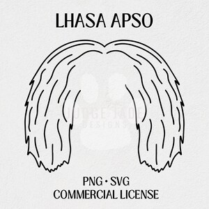 May include: Line art illustration of a Lhasa Apso dog breed with long, flowing hair. The image is black and white and includes the text "LHASA APSO" at the top and "PNG - SVG COMMERCIAL LICENSE" at the bottom.
