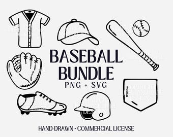 May include: A black and white baseball bundle graphic with a jersey, cap, glove, bat, ball, shoe, helmet, and home plate. The text "BASEBALL BUNDLE PNG + SVG" is included. The words "HAND-DRAWN • COMMERCIAL LICENSE" are also present.