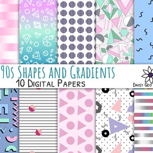 90s Shapes digital papers, Pastel gradient, 80s retro geometric patterns, Colorful memphis scrapbook printable, Commercial use, download