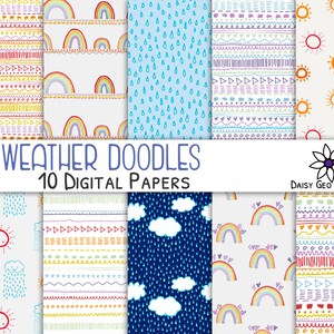 Kinder Wetter digitale Papiere, Regenbogen-Muster, Sonne Regen und Wolken, süße Kinder-Grußkarten, bunte kommerzielle Nutzung, Download