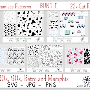 Puede incluir: Un paquete de descarga digital de 22 patrones geométricos sin costuras en blanco y negro, rosa, azul y verde. Los patrones están inspirados en los estilos retro de los años 80 y 90 y el diseño Memphis. El paquete incluye archivos SVG, JPG y PNG.