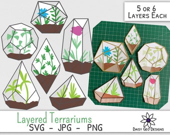 May include: A set of nine layered geometric terrarium SVG cut files. Each terrarium design features a different plant and is available in 5 or 6 layers. The designs are perfect for creating unique and personalized home decor.