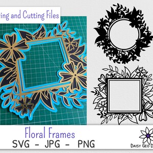 May include: Floral frames in black and gold with a blue background. The frames are in the shape of a square and a circle. The text "Floral Frames SVG - JPG - PNG" is at the bottom of the image.