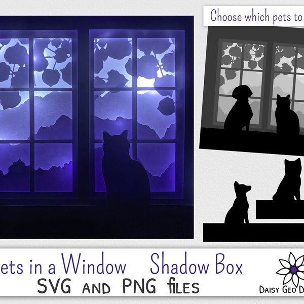Cat and Dog Window Shadow Box, SVG for Cricut, Light box 3D home decor, Pet wall art, frame template, PNG Silhouette file, Commercial use