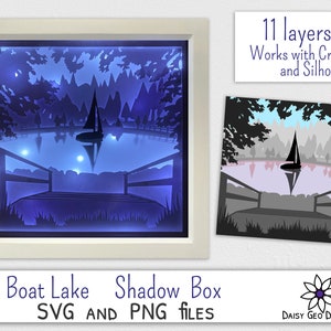 Boat Lake Shadow Box SVG for Cricut, 3D Light box, DIY home decor frame, Landscape paper cut, PNG template, Silhouette file, Commercial use