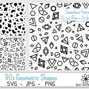 May include: Three black and white geometric patterns featuring a variety of shapes, including circles, triangles, squares, and diamonds. The text "Seamless Patterns 2x cut files + 1x draw file" is at the top of the image. The text "90s Geometric Shapes SVG - JPG - PNG" is at the bottom of the image. The text "DAISY GEO DESIGNS" is at the bottom right of the image.
