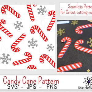 May include: A seamless pattern featuring red and white candy canes and gray snowflakes on a white background. The text "Candy Cane Pattern SVG - JPG - PNG" is at the bottom of the image. The text "Seamless Pattern for Cricut cutting machines" is at the top of the image.