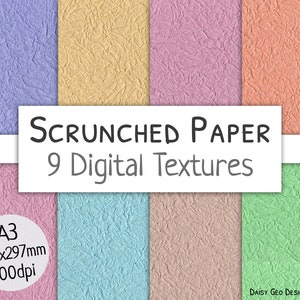 May include: Nine digital paper textures in various pastel colors, including light blue, pink, yellow, and green. The textures are reminiscent of crumpled paper. The text "SCRUNCHED PAPER 9 Digital Textures" is displayed in a white box.