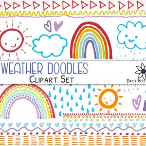 Clipart meteo per bambini, pioggia e nuvole di sole arcobaleno, pacchetto di biglietti di auguri per bambini carini, colorato brillante, uso commerciale, download