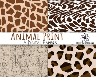 Animal Print digital papers, Leopard giraffe zebra, Natural brown, Scrapbook printable, Background patterns, Commercial use, Download