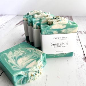 Tropical Saltwater Scented Goat Milk Soap, Shea Butter Soap, Ocean Swirl, Whipped Top, Beautifully Designed, Sea Glittered Top, Gift for Her