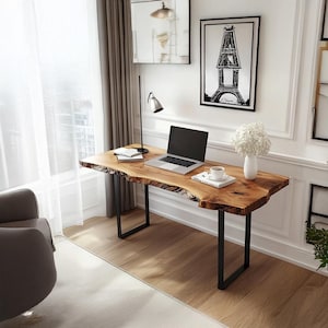 Escritorio de madera con borde vivo personalizado, patas de metal modernas rústicas, mesa de estudio hecha a mano, muebles de oficina de madera maciza, decoración natural para el hogar, regalo para ella