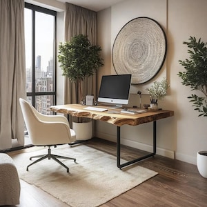 Escritorio de pie rústico de madera maciza con borde vivo, hecho a mano, minimalista, estilo bohemio, con patas, madera natural, para sala de estar, decoración, regalo para mamá