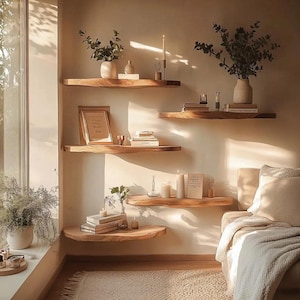 Estante flotante de nogal con borde natural, de madera maciza, hecho a mano, estilo rústico de granja, para pared, largo, decoración, regalo
